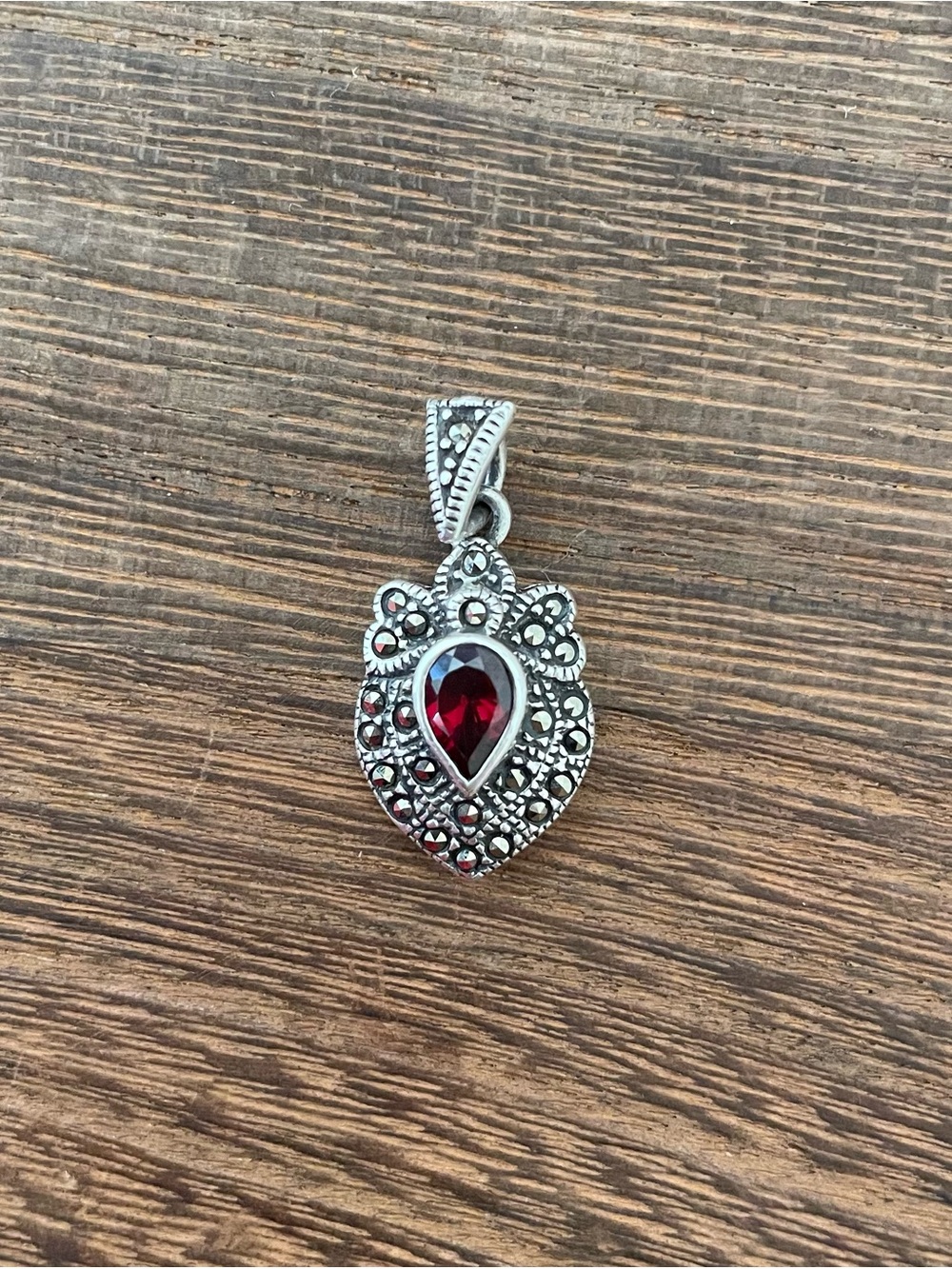 Red Teardrop Marcasite Pendant Necklace - Women Jewelry